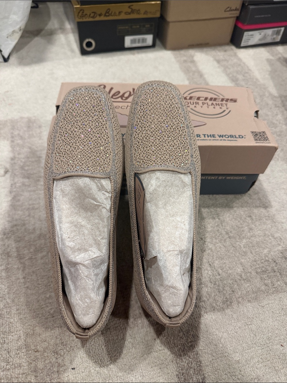 Skechers Women's Taupe Slip-On Loafers with Sparkle Rhinestones